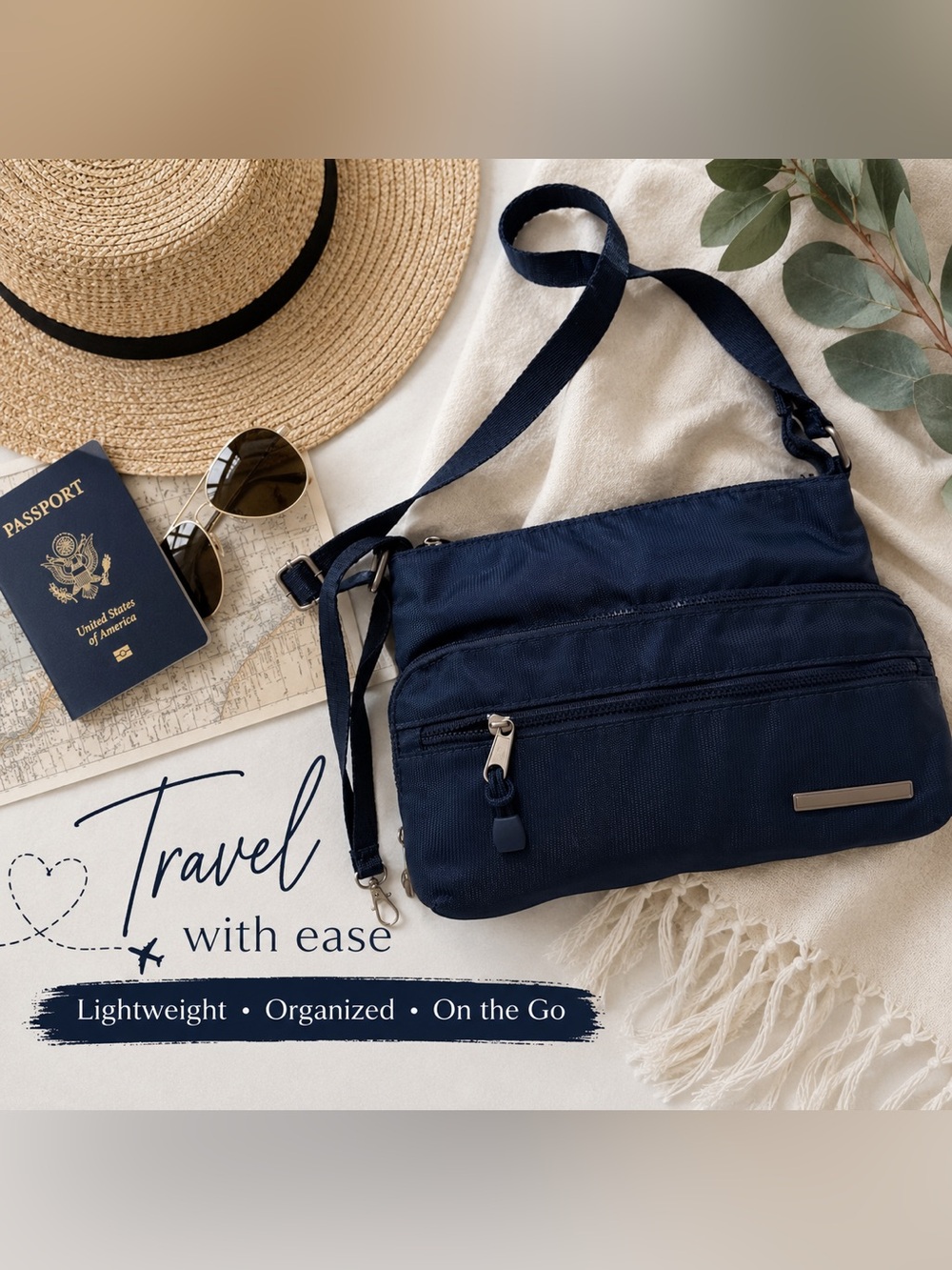 Navy Blue Nylon Crossbody Travel Bag Adjustable Strap Lightweight Organizer Bag
